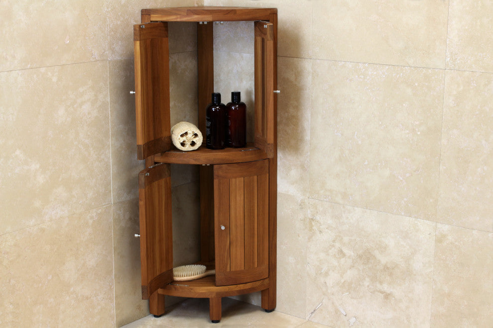 Kai Corner Teak Bath Shelf With Square Legs and Front Facing Doors
