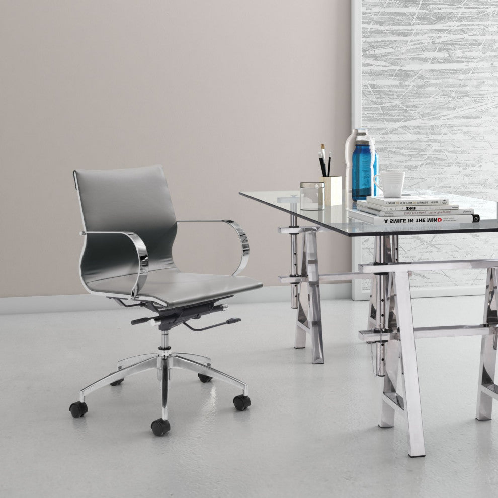 Computer Chair, Faux Vinyl Leather, Steel, Gray, Silver, Business Office