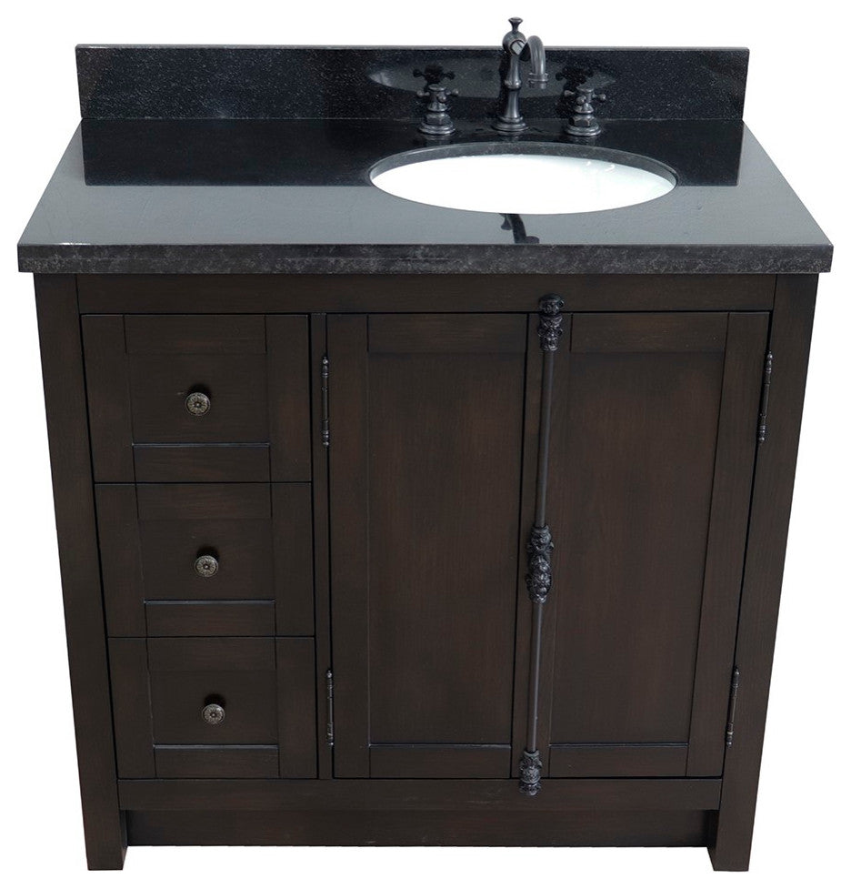 37" Single Vanity, Brown Ash With Black Galaxy Top, Right Doors/Right Oval Sink