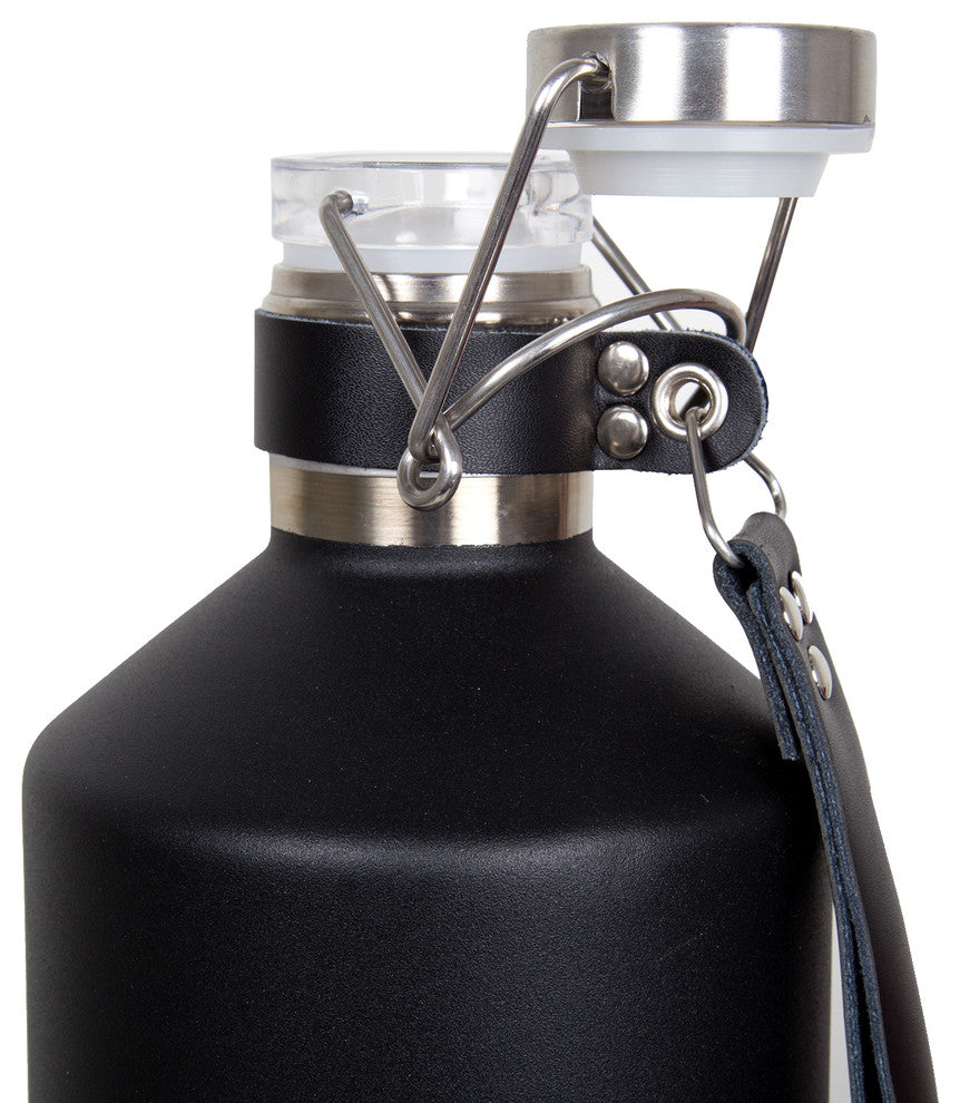 64oz Stainless Steel Beer Growler With Leather Strap, Black