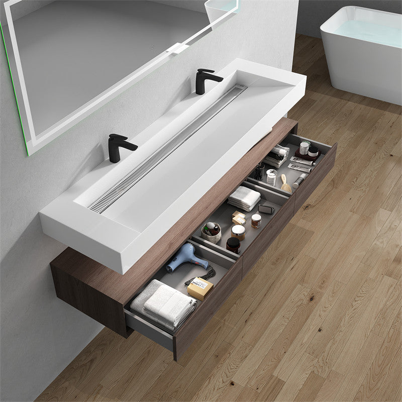 Alysa 72'' Floating Vanity, Acrylic Sink, Double Faucet Hole, Red Oak