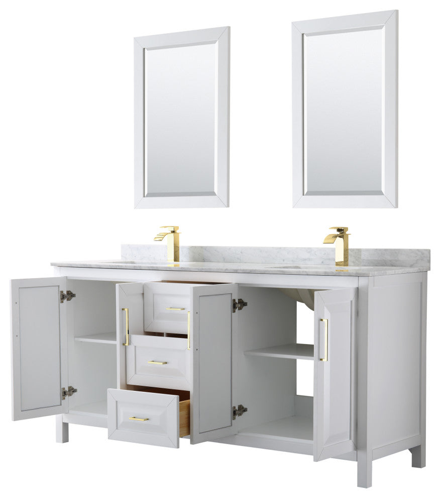 72"DBL Bathroom Vanity White, Carrara Countertop, Sinks, 24" Mirrors, Gold Trim