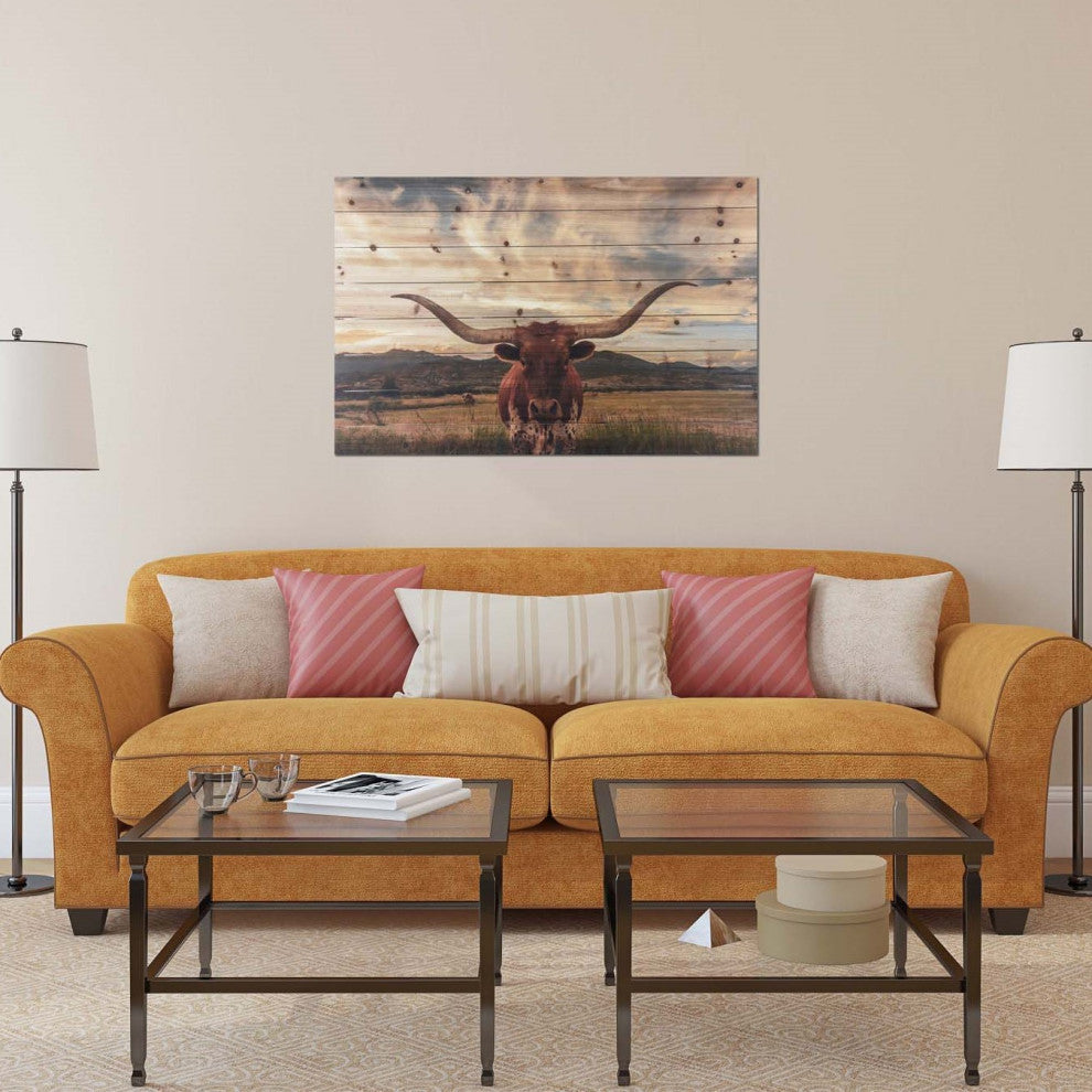 Longhorn Cow, Field Wood Plank Wall Art