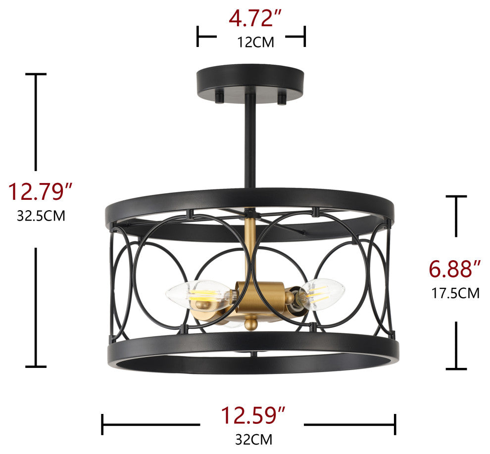 Farmhouse 3-Light Metal Drum Shape Semi Flush Mount Ceiling Light