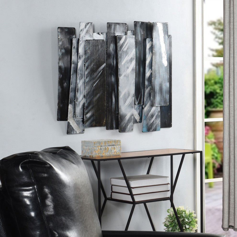 Midnight Aluminum Layered Metal Wall Decor, Silver Foil Accents Black, Grey