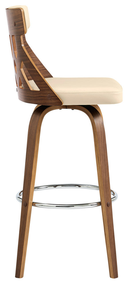 26" Cream Faux Leather Curved Back Walnut Wood Swivel Bar Stool