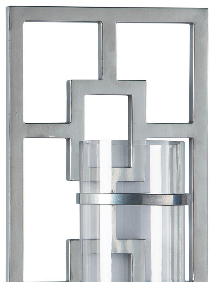 Benzara BM238385 22" Geometric Metal Wall Scone With Glass Hurricane, Silver