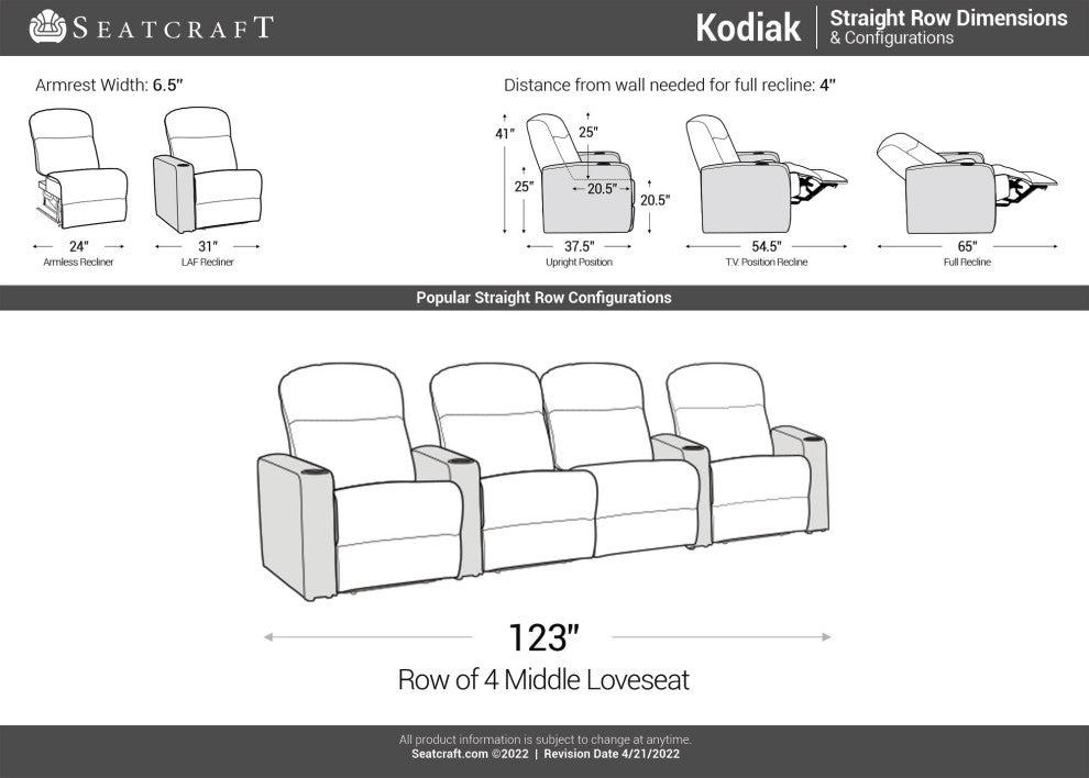 Seatcraft Kodiak Home Theater Seating, Black, Row of 4 With Loveseat