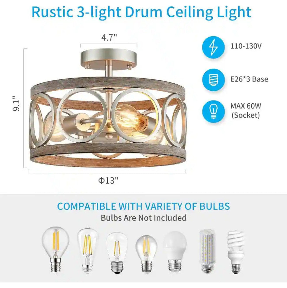 3 Light Semi Flush Mount Ceiling Lighting Fixture, Antique Wood Grain Drum