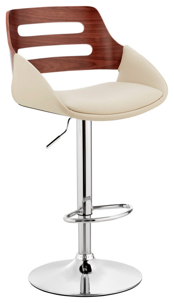 Karter Adjustable Faux Leather/Wood Barstool, Cream and Walnut With Chrome Base