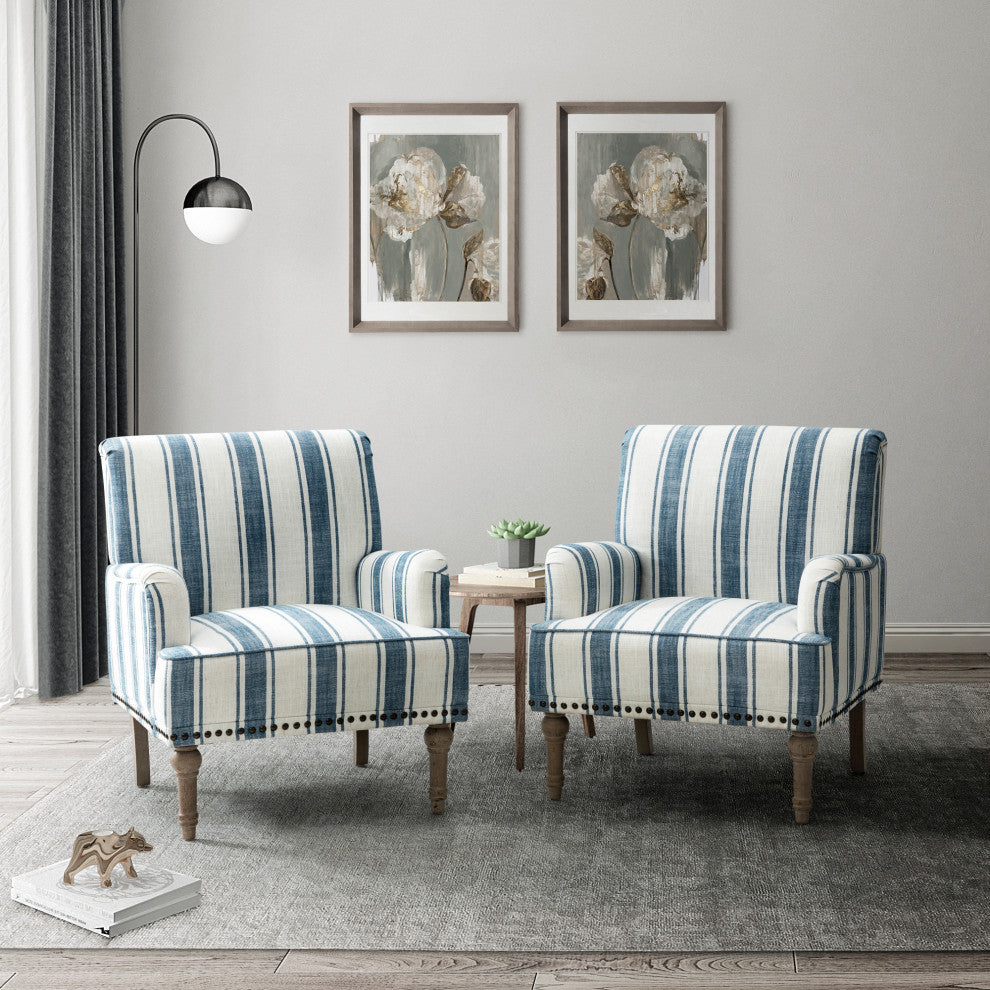Comfy Living Room Armchair With Stripe Design Set of 2, Navy