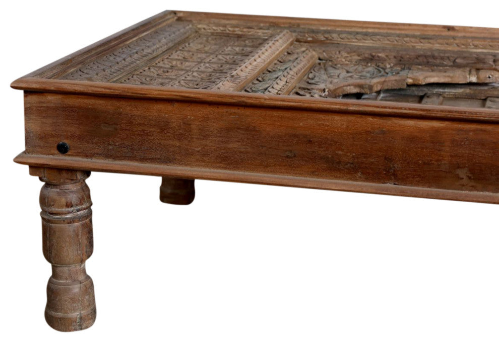 Consigned Antique Old Teak Coffee Table Wooden Spanish Carved Jharokha Table