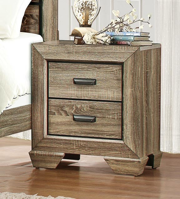 Benzara BM181846 2 Drawers Wooden Night Stand With Metal Hardware, Rustic Brown