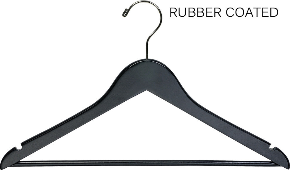 Black Rubberized Wooden Suit Hanger With Bar, Box of 25