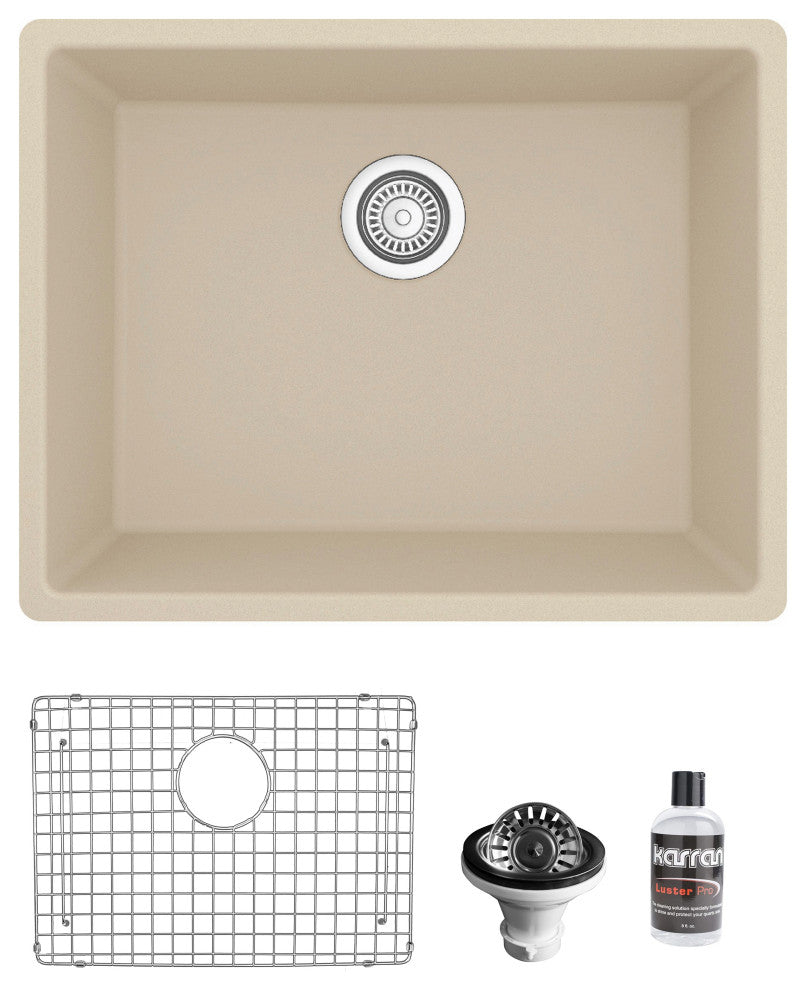 Karran QU-820 Undermount 24.38, Single Bowl Quartz Sink Kit, Bisque