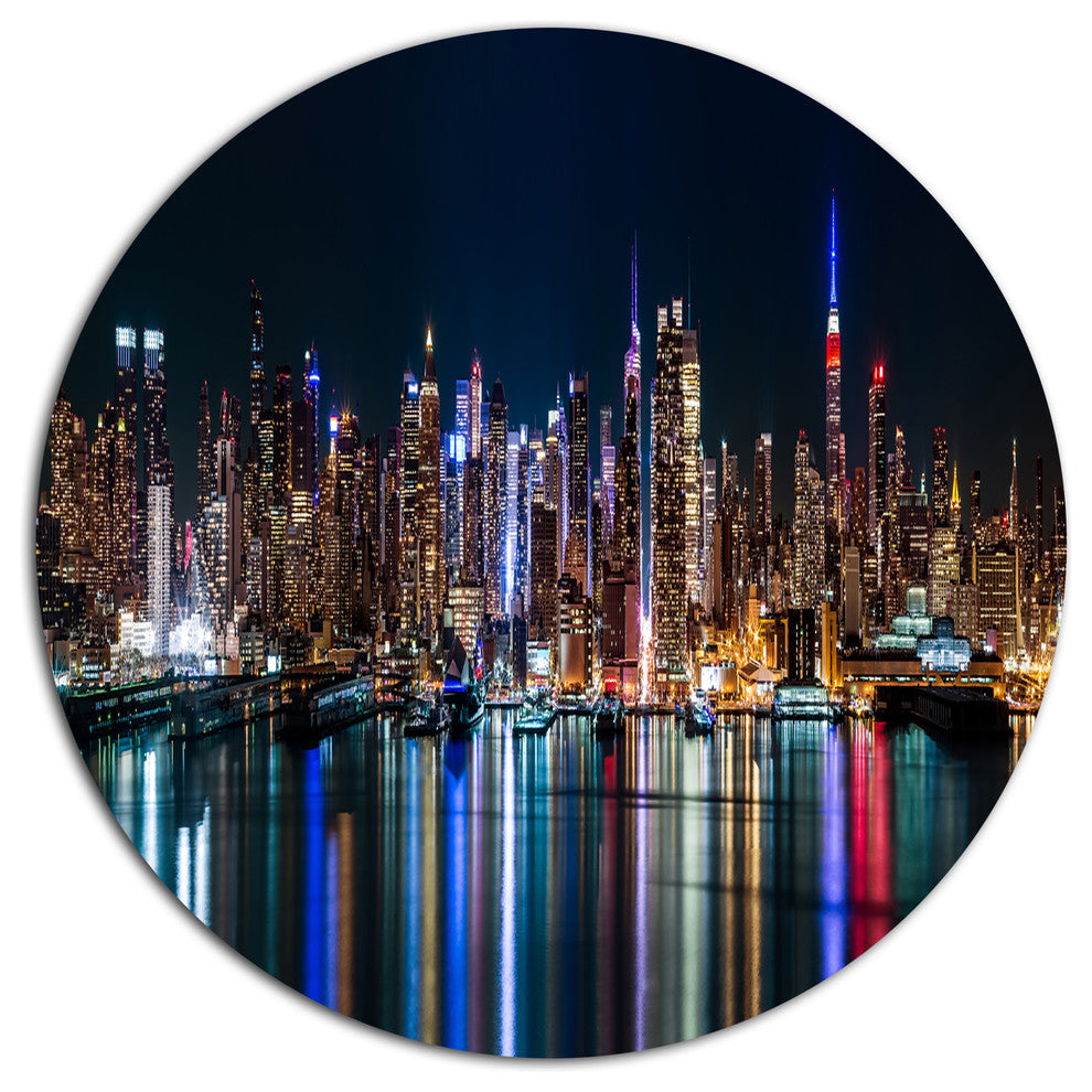 New York Midtown Night Panorama, Cityscape Round Metal Wall Art, 23"