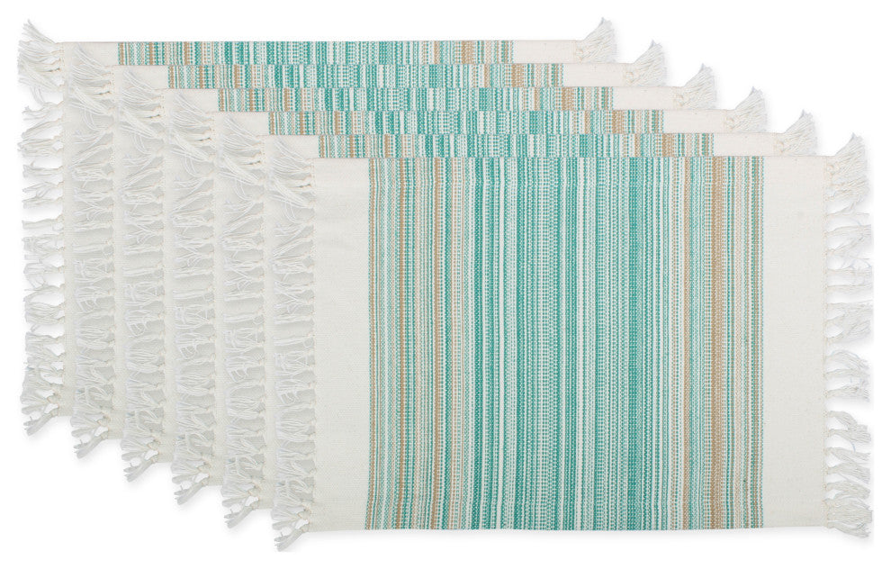 Teal Blue Striped Fringed Placemat Set of 6