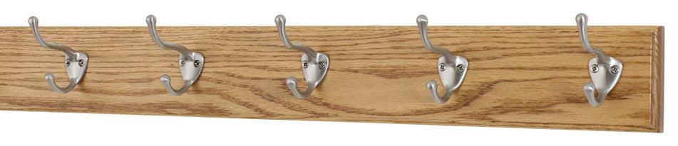 Solid Oak Wall Coat Rack, Nickel Hooks, Golden Oak, 25.5"x3.5", 5-Hooks