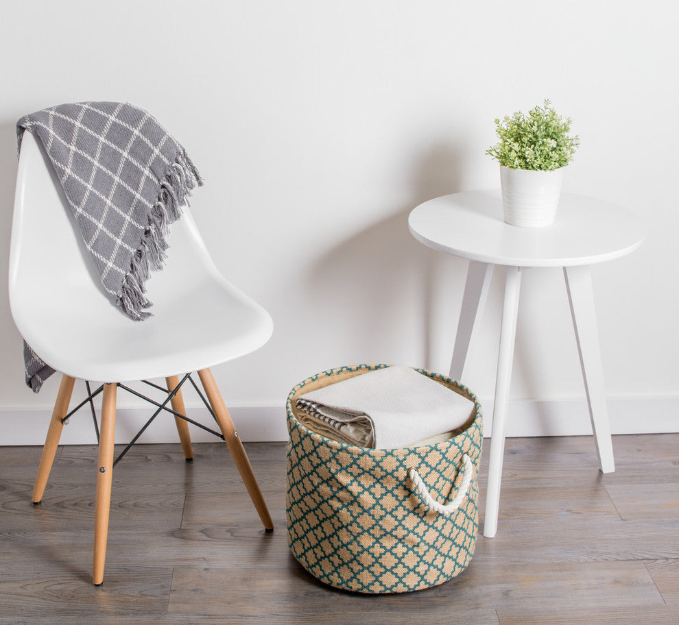 DII Burlap Bin Lattice Teal Round Medium 12x15x15"