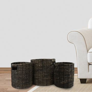 Set of 3 Dark Brown Natural Woven Table and Floor Cylindrical Seagrass Baskets