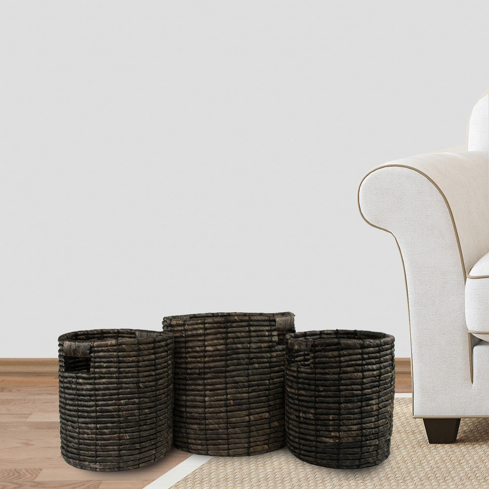 Set of 3 Dark Brown Natural Woven Table and Floor Cylindrical Seagrass Baskets