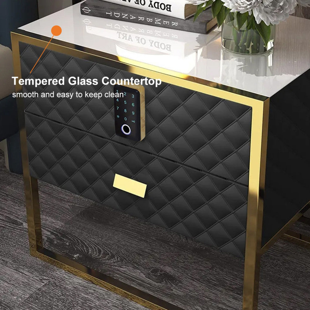 2 Drawers Bedroom Nightstand with Electronic Lock Stainless Steel Base, Black