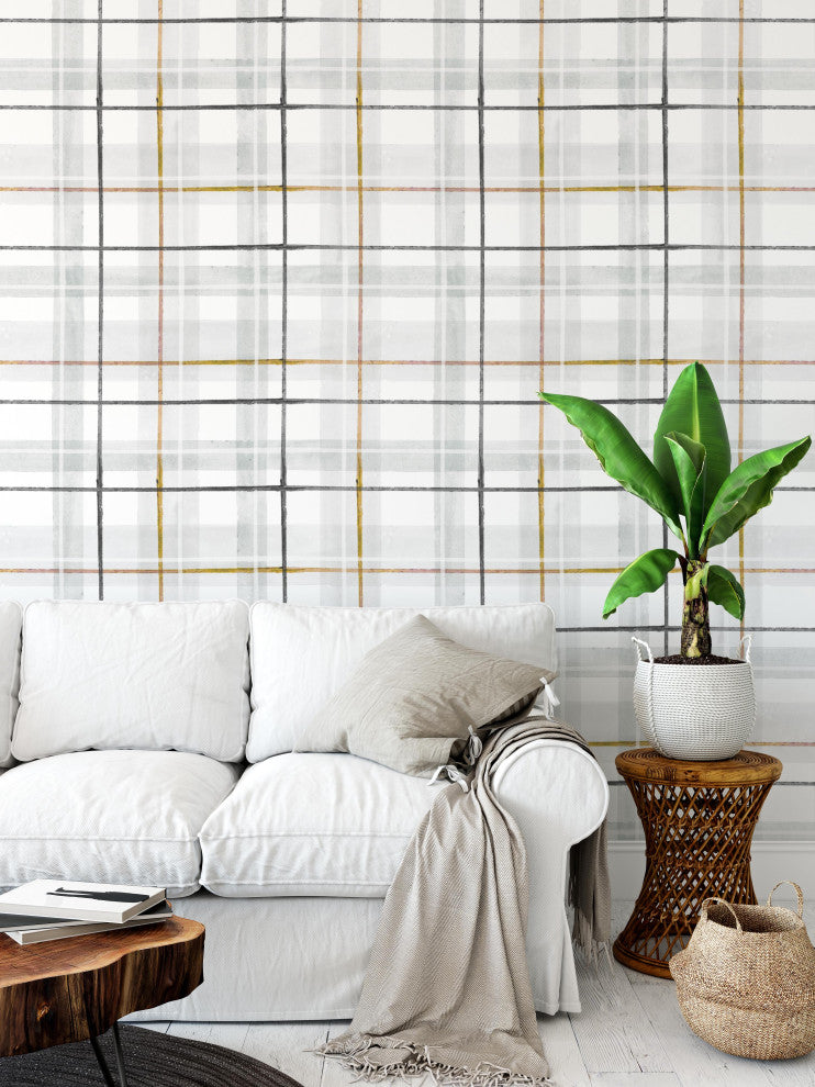 Tartan Gray Gold Black Wallpaper, 24"x72"