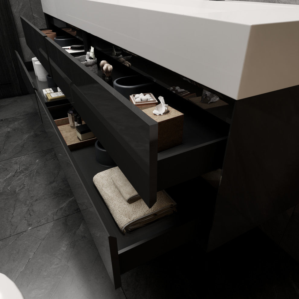 MAX 84" Double Floating Bath Vanity With Acrylic Sink, Coffee Wood, Gloss Black