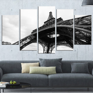 "Paris Eiffel Tower in Black and White" Side View Wall Art, 60"x32", 5-Panels