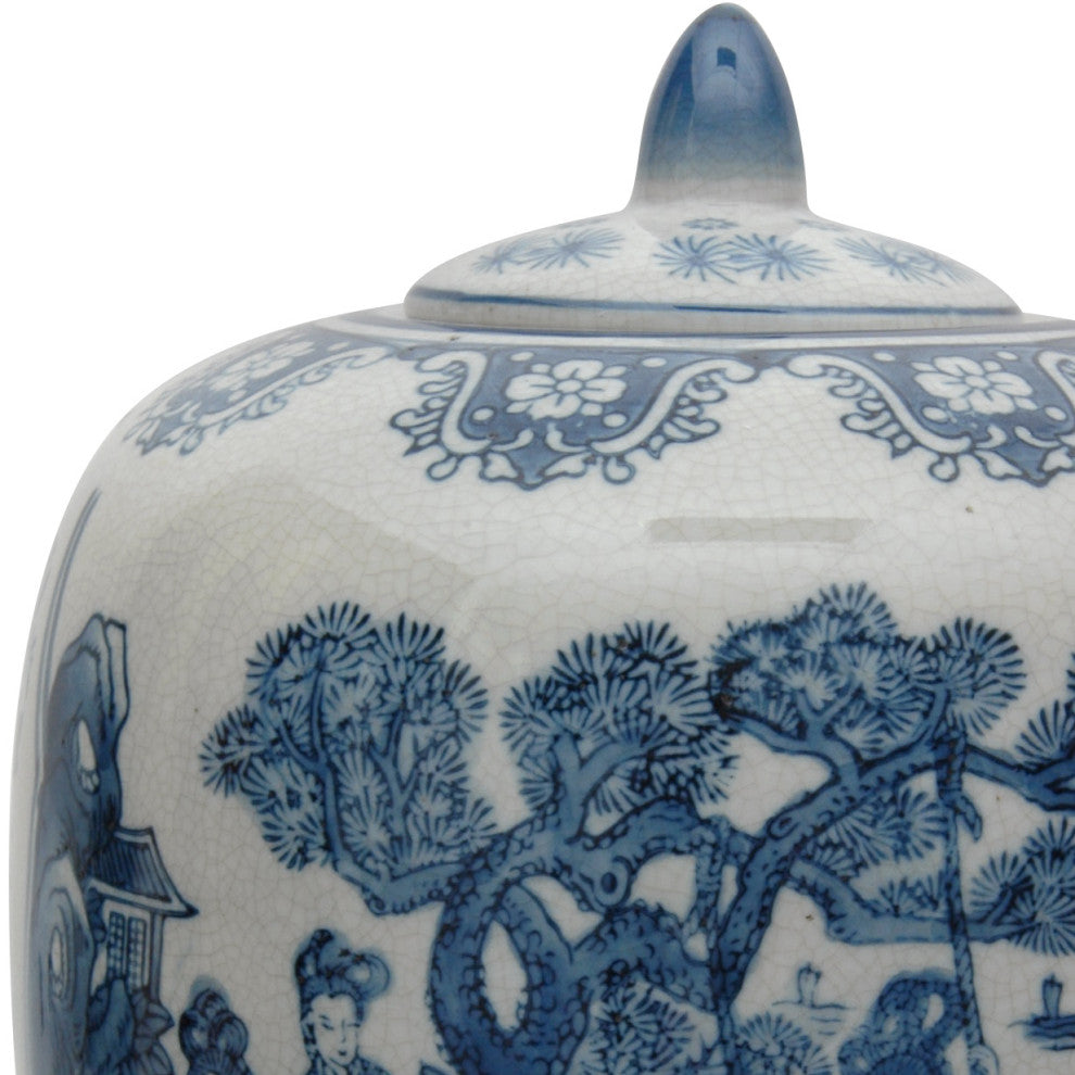 11" Ladies Blue and White Porcelain Vase Jar