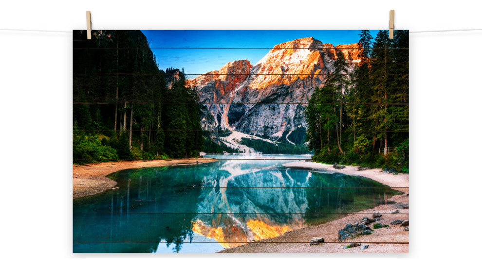 Faux Wood Misty Lake and Snow-cap Mountain Reflections Unframed Wall Art Prints, 8" X 10"