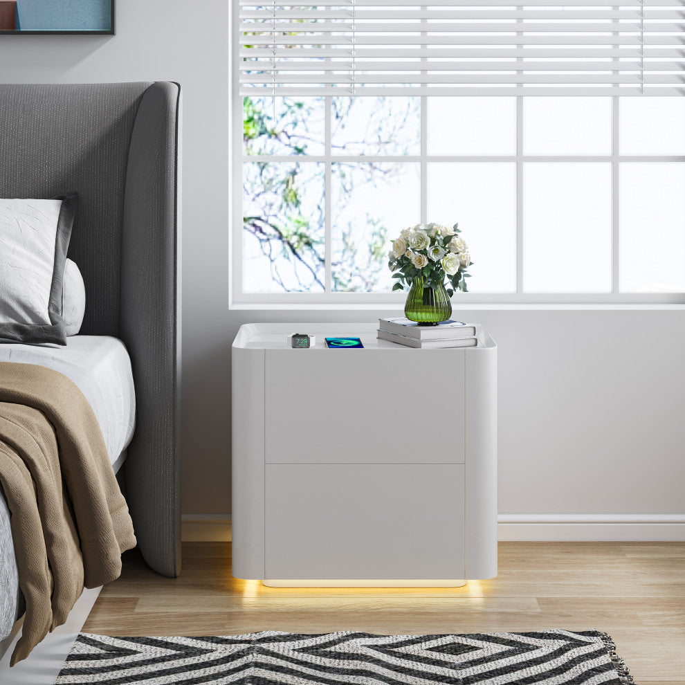 Modern Night Stand with Human Induction Atmosphere Lamp, White, No Wireless Charging