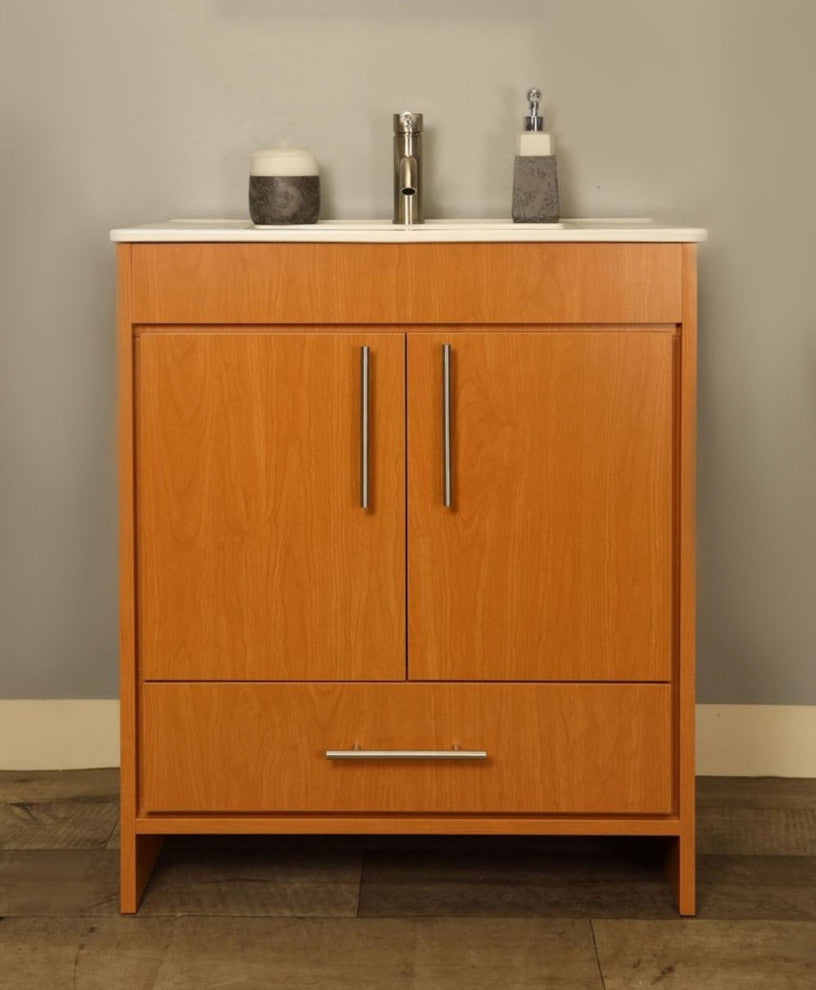 Pacific 30" Vanity With Integrated Ceramic Top and Brushed Nickel Handles, Honey
