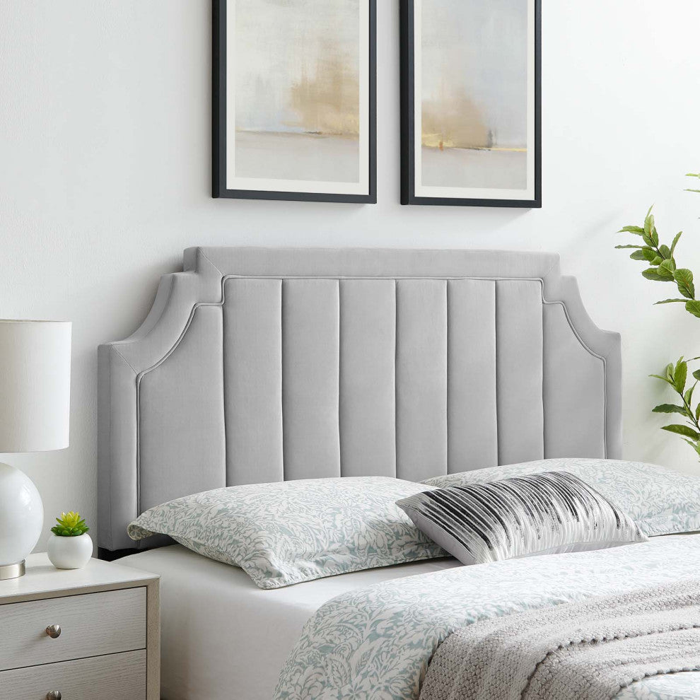 Tufted Headboard, King Size, Velvet, Light Gray, Modern Contemporary