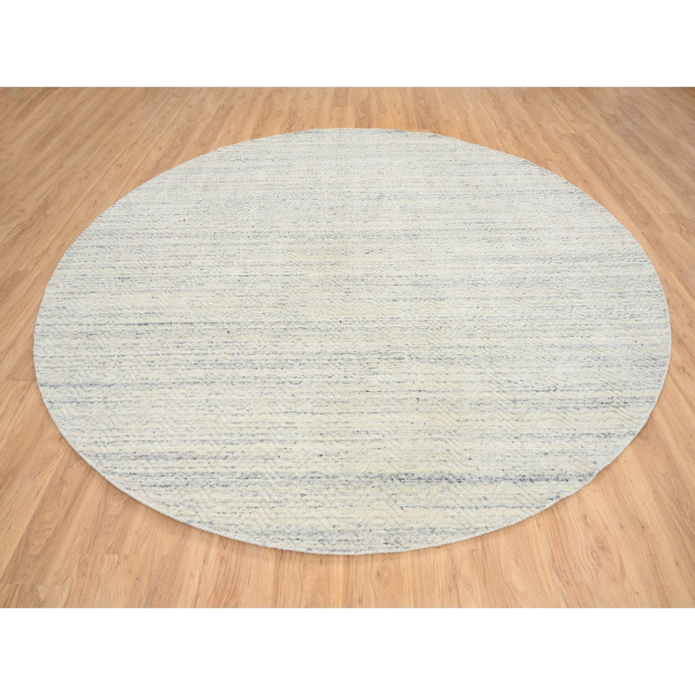 Beige Wool Hand Loomed Variegated Textured Modern Design Round Rug, 9'10"x9'10"