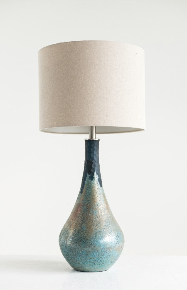 Sculptural Glass Table Lamp with Linen Shade, Set of 2, Blue Opal Glaze