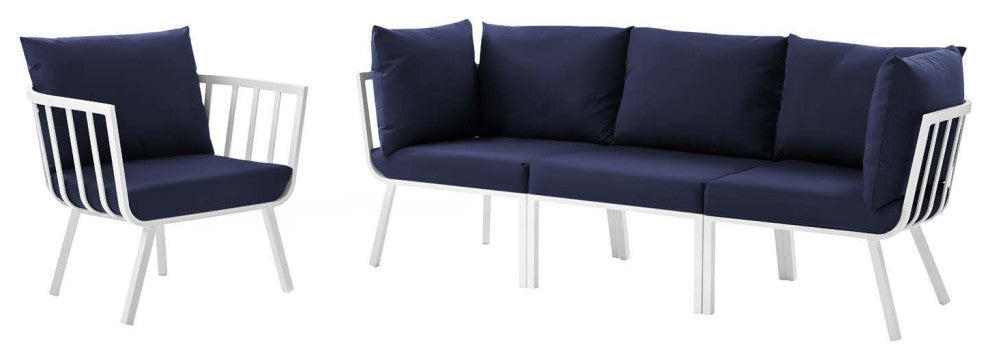 Lounge Sectional Sofa Chair Set, Aluminum, Metal, White Blue Navy, Outdoor