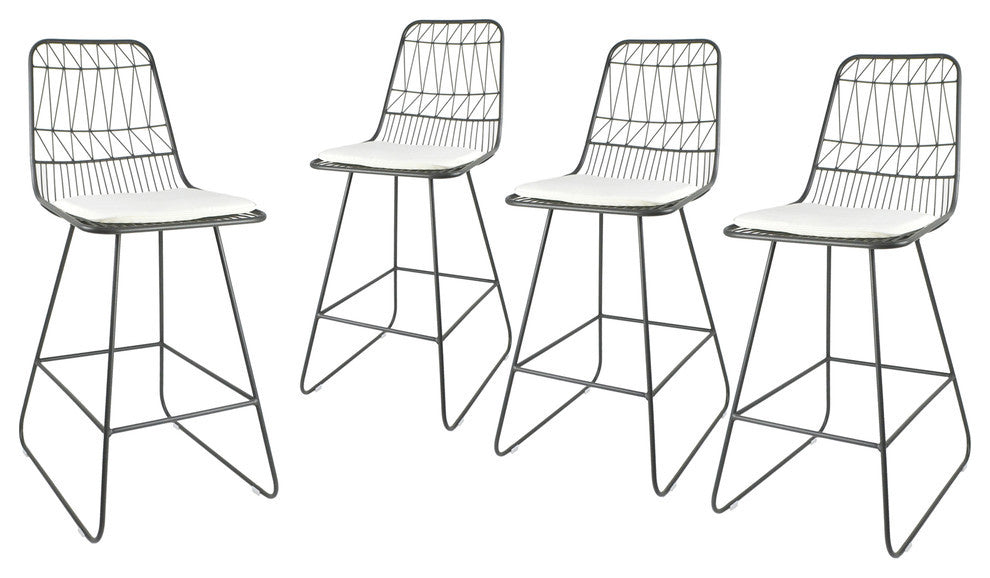 Ella Outdoor Wire Counter Stools with Cushions, Set of 4, Gray Finish, Ivory