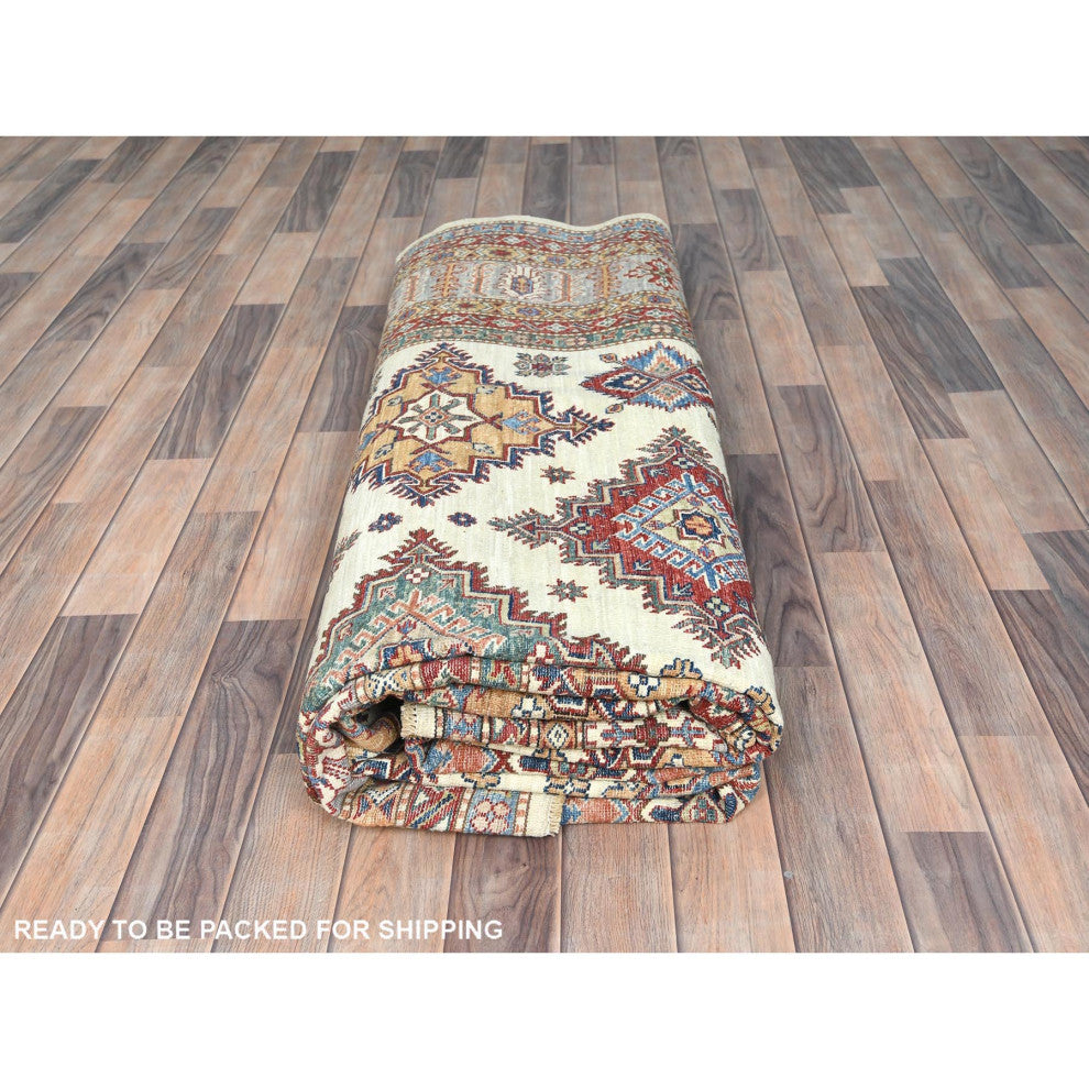 Ivory, Afghan Super Kazak Natural Wool Hand Knotted Oriental Rug, 9'3"x12'0"
