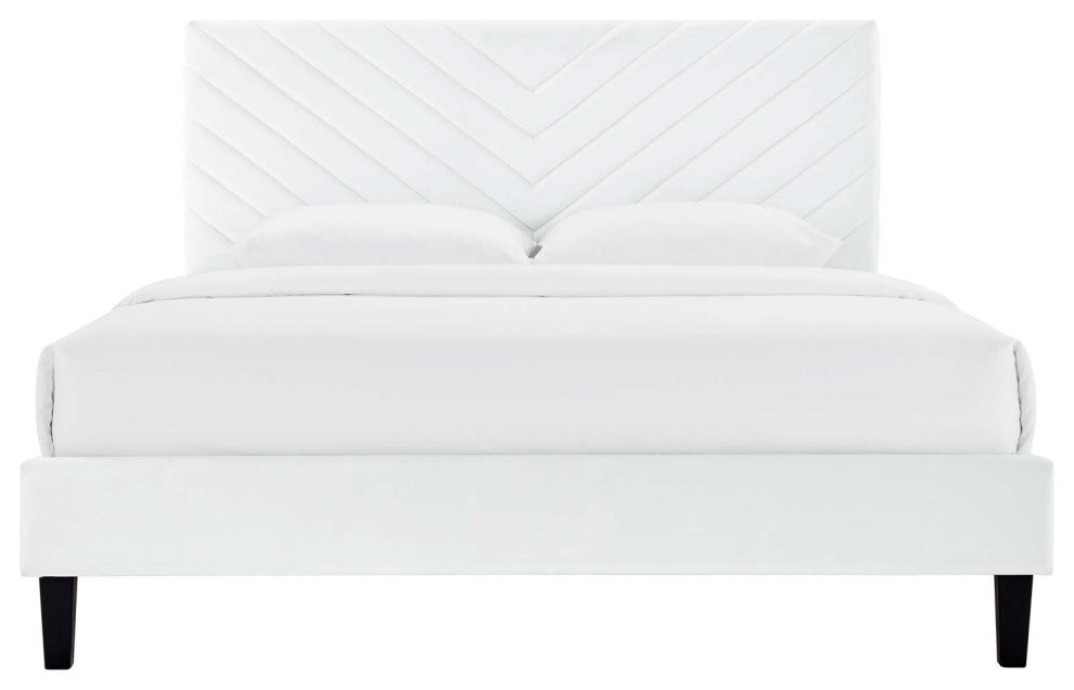 Platform Bed Frame, King Size, White, Velvet, Modern, Bedroom Guest Suite
