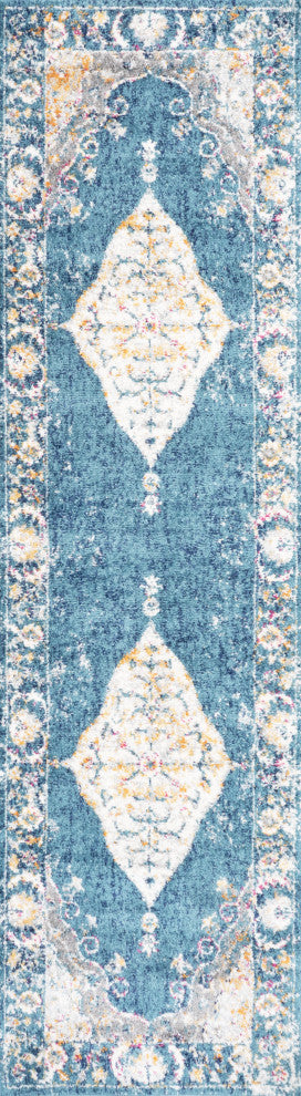 Zelda Bohemian Cottage Medallion Turquoise/Gray 2 ft. x 8 ft. Runner Rug