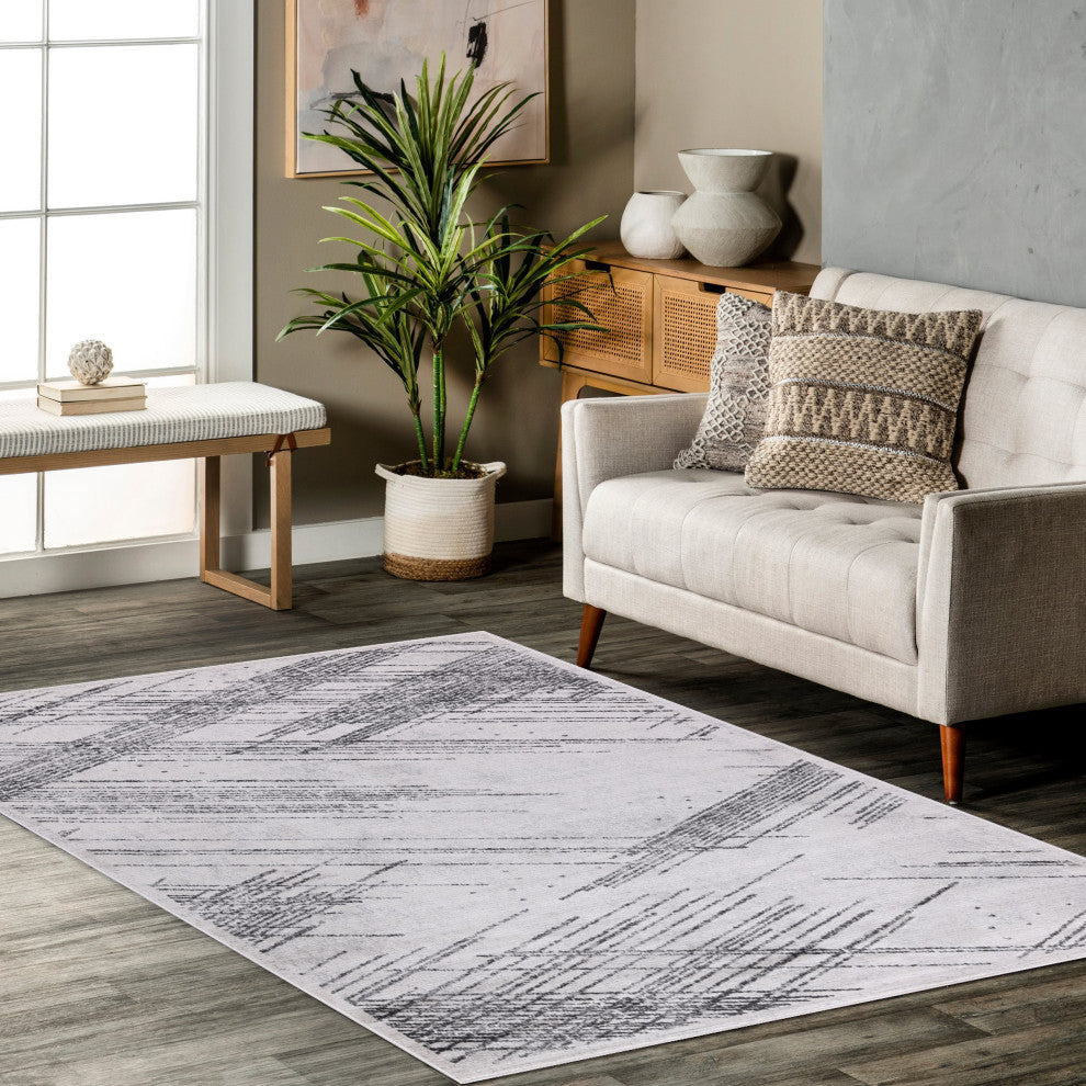 Low-Pile Sidney Ivory/Charcoal Rug, Ivory, 7'9"x10'