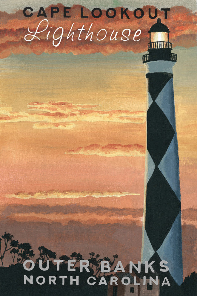 "Sunset at Lighthouse" Painting Print on Wrapped Canvas, 16x24