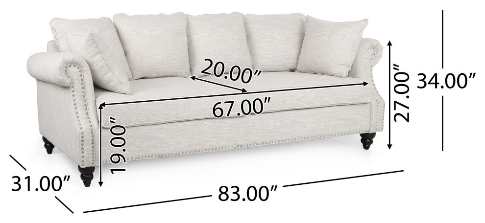 Bonny Fabric Pillowback 3-Seater Sofa With Nailhead Trim, Beige/Dark Brown