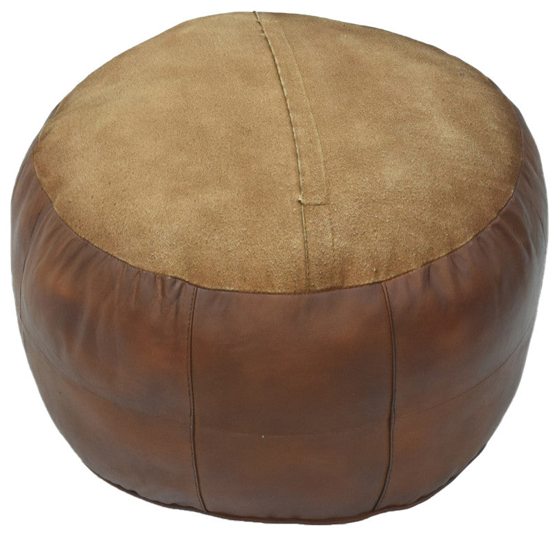 Geometric Handmade Leather Pouf, Recycled Foam With Fiber Fill, Cognac Color, Round, 21x21x12