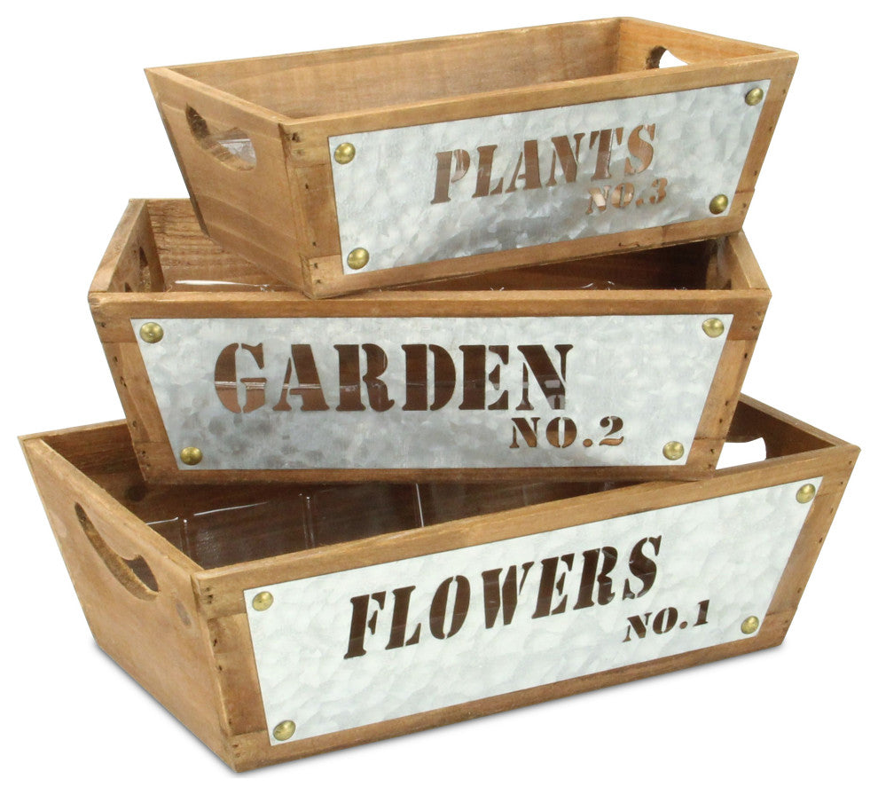 Set Of 3 Tapered Wood Storage With Galvanized Cutout Accent