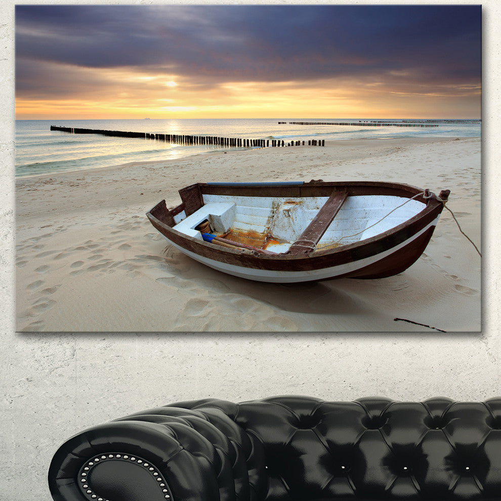 Boat on Beautiful Sunrise Seashore, Large Beach Canvas Wall Art, 40"x30"