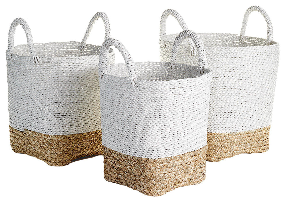 Set of 3 Contemporary Casual Natural White Round Tote Baskets Handles Large