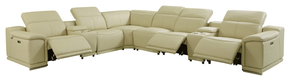 Federico 8-Piece L-Shaped Top Grain Italian Leather Sectional-3 Power Recliners, Beige