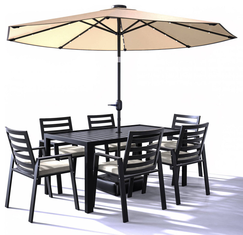 LeisureMod Chelsea Modern 7-Piece Outdoor Dining Set, Black Aluminum, Beige